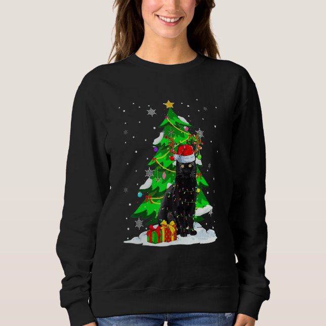 Sweatshirt Santa Reindeer Black Cat Xmas Tree Lights Christma (Devant)