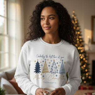 Sweatshirt Sapins de Noël Élégants Bleu Or Joyeux Noël