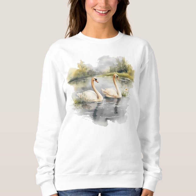 Sweatshirt Scène du lac d'hiver des cygnes blancs rétros (Devant)