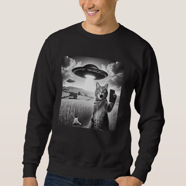 Sweatshirt Selfie Chat Avec Alien UFO Drôle Chat (Devant)