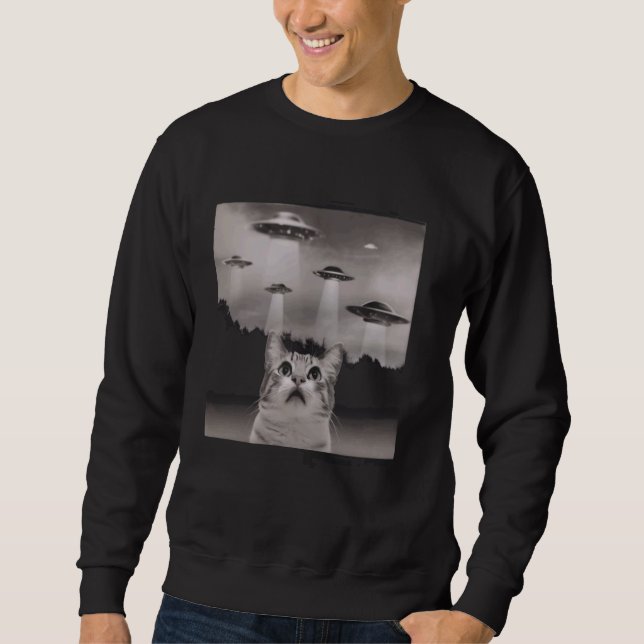 Sweatshirt Selfie de chat amusant avec des ovnis (Devant)