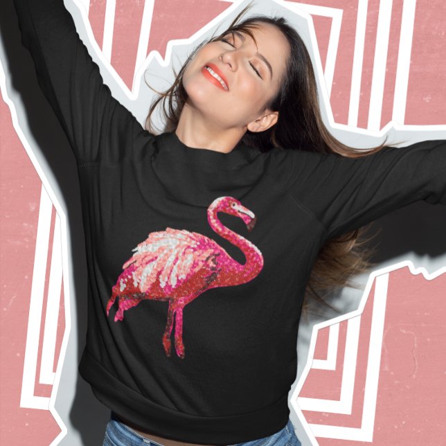 Sweatshirt Sequin Printed Tropical Flamingo Pink Bird Black  (Créateur téléchargé)