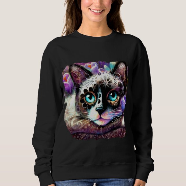 Sweatshirt Siamese Kitty Chat Crocus Floral Violet Turquoise  (Devant)