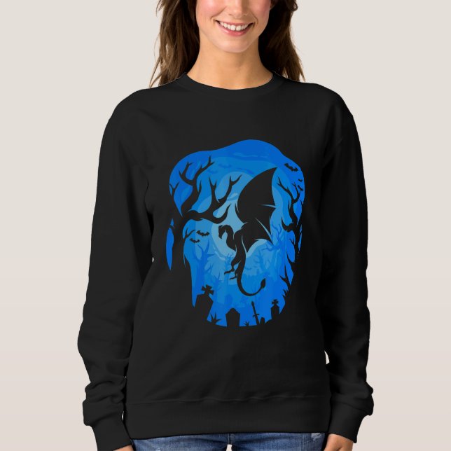 Sweatshirt Silhouette de dragon Fond bleu Forêt Nuit Dés (Devant)