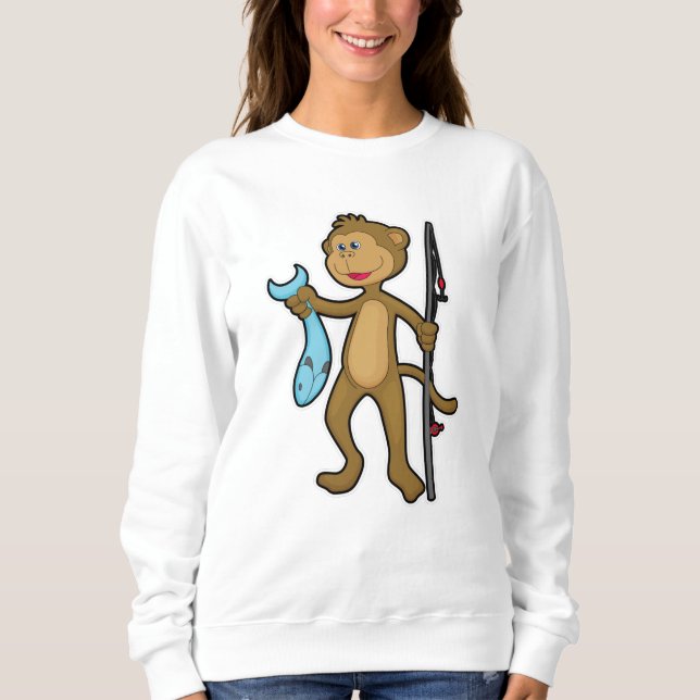 Sweatshirt Singe à la pêche avec bâton de pêche et poisson (Devant)