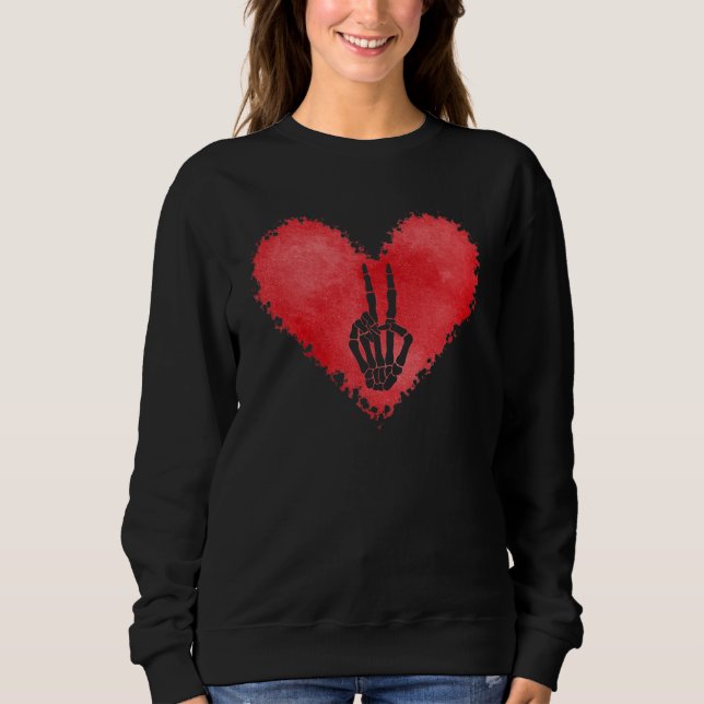 Sweatshirt Skeleton Hand Peace Sign Red Heart Valentines Day  (Devant)