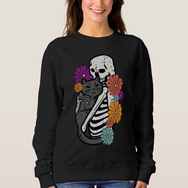Sweatshirt Skeleton Hugging Black Cat Flowers Halloween Women (Devant)