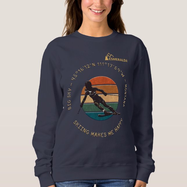 Sweatshirt Ski Big Sky, Montana - Femme Skier Jaune Texte (Devant)