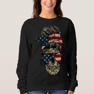 Sweatshirt Skull Messy Bun Empreinte de léopard American Flag