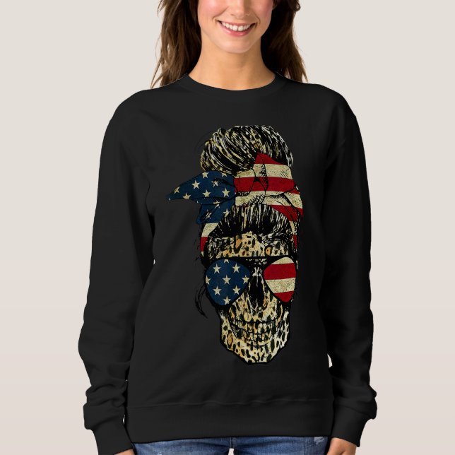 Sweatshirt Skull Messy Bun Empreinte de léopard American Flag (Devant)