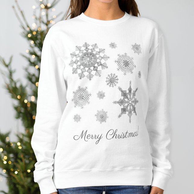 Sweatshirt Snowflakes Gris Argent Avec Joyeux Texte De Noël (Festive design for the Holiday season.)