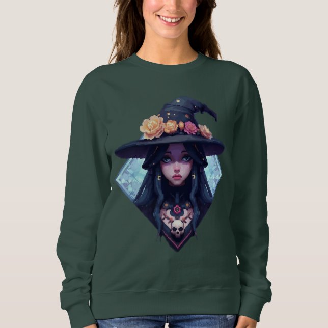 Sweatshirt Sorcière Pixel avec casquette Floral (Devant)