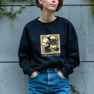 Sweatshirt Sorcière Vintage sur Balai Pleine Lune & Chauves-s