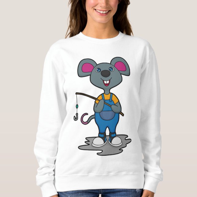 Sweatshirt Souris comme Fisher avec une baguette de pêche (Devant)