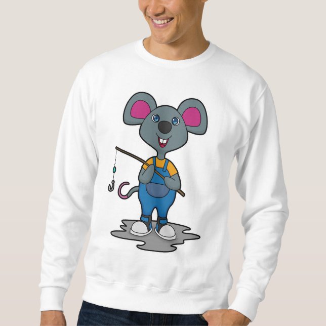 Sweatshirt Souris comme Fisher avec une baguette de pêche (Devant)