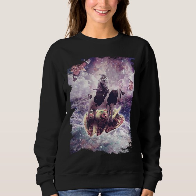 Sweatshirt Space Cat Riding Cow Unicorn  Pizza & Taco (Devant)