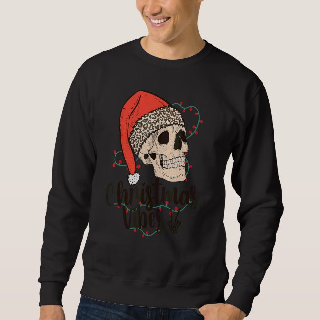 Sweatshirt Squelette Crâne Noël Vibes Léopard Chapeau de Père (Devant)