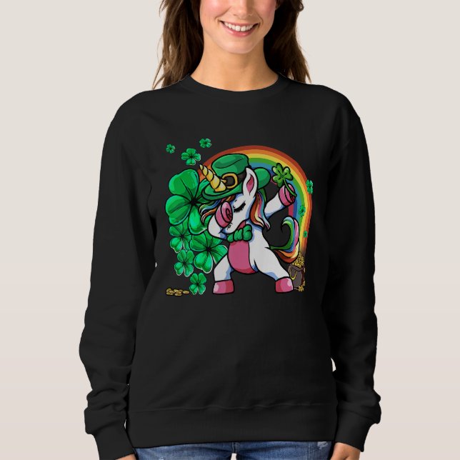 Sweatshirt St Patricks Day Girls Dabbing Unicorn Leprechaun L (Devant)