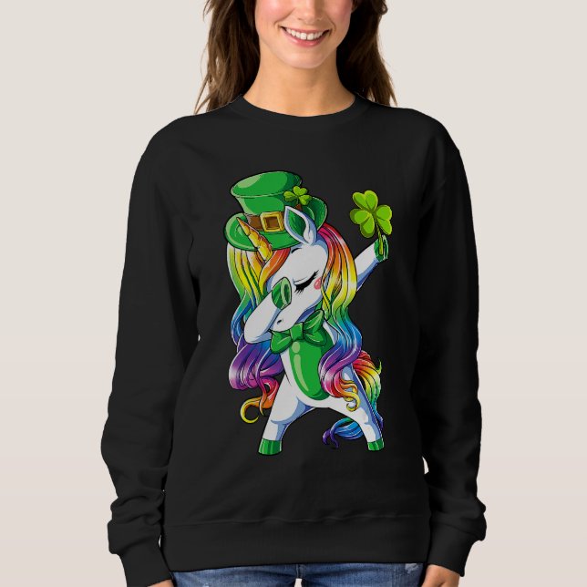 Sweatshirt St Patricks Day Girls Dabbing Unicorn Leprechaun L (Devant)