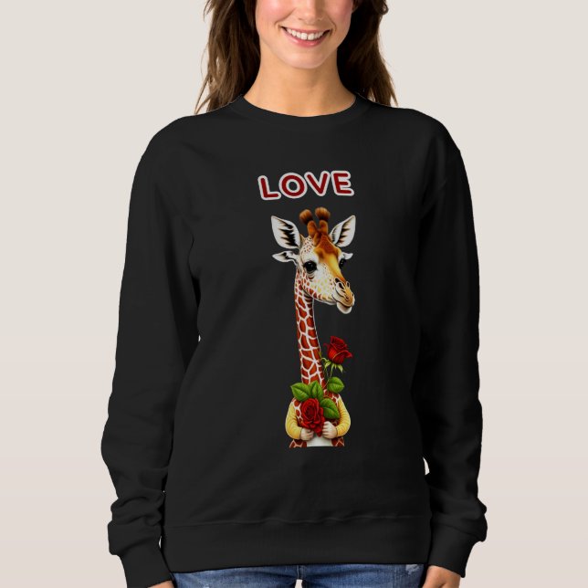 Sweatshirt St Valentine Day Love Giraffe holding roses (Devant)