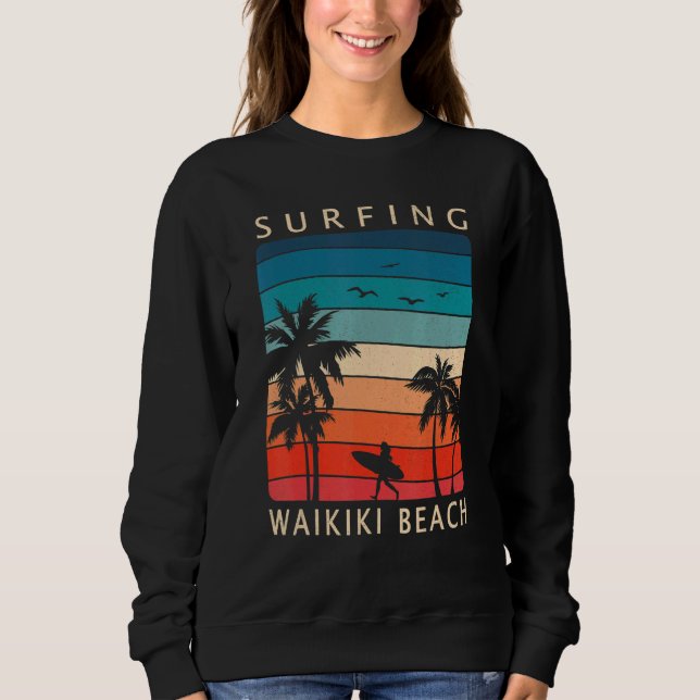 Sweatshirt Surfer Girl Surfing Waikiki Beach Hawaiian Sunset  (Devant)