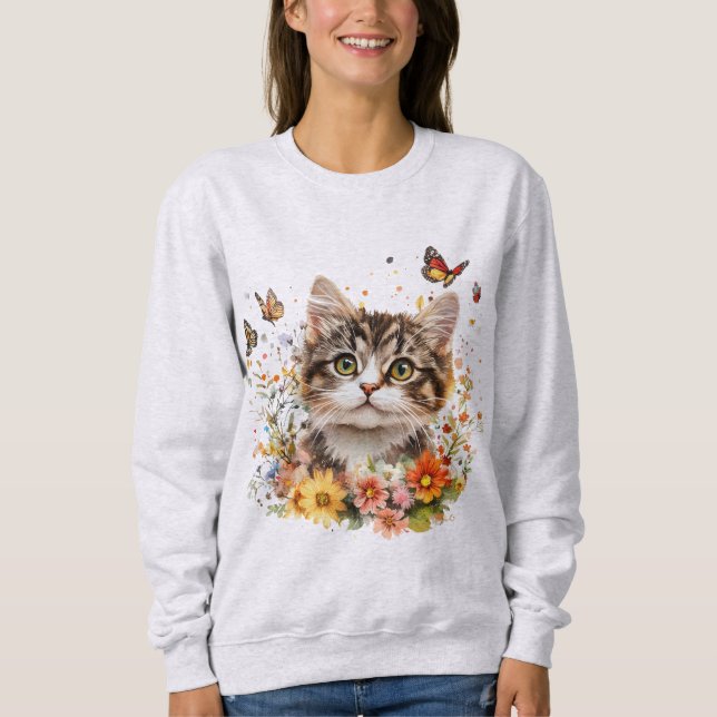 Sweatshirt Sweat-shirt avec un adorable chaton avec des fleur (Devant)