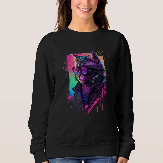 Sweatshirt Synthwave Aesthetic Cat Vaporwave Cat  90s Retro C (Devant)