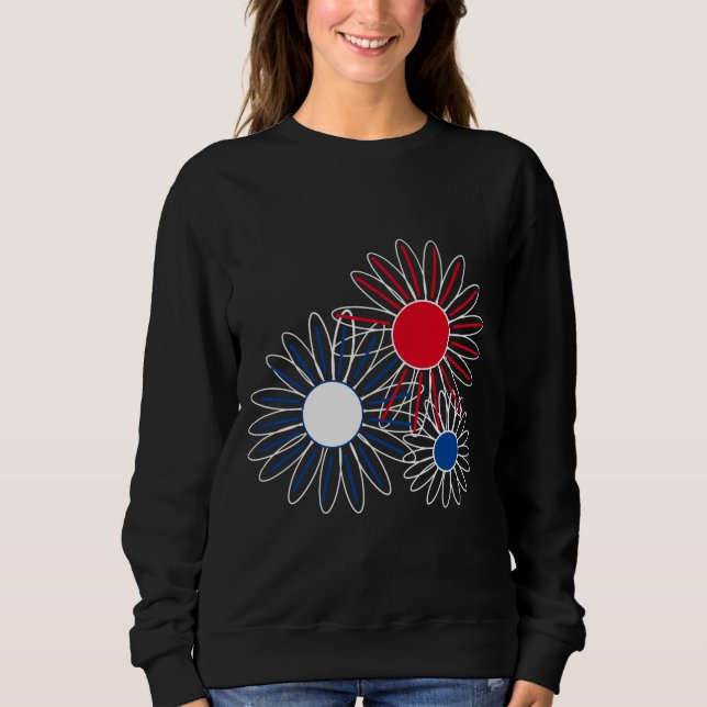 Sweatshirt T-shirt bleu, blanc, marguerites bleues (Devant)