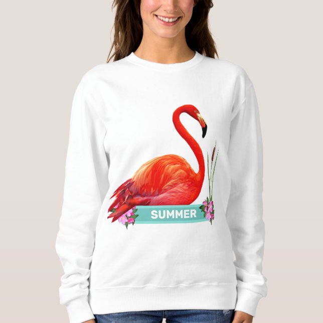 Sweatshirt T-Shirt Flamant Rose Corail & Fleurs (Devant)