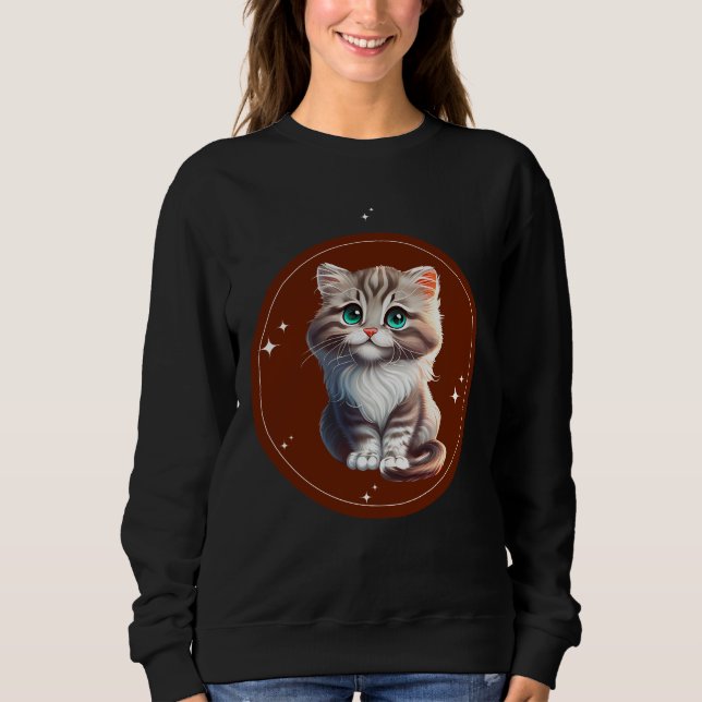 Sweatshirt T-Shirt Marron Blanc Illustré avec un Chat Mignon (Devant)
