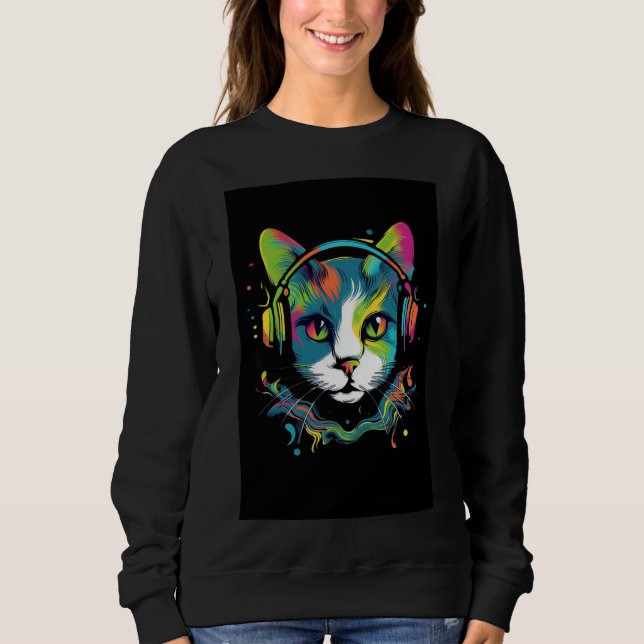 Sweatshirt T-shirt noir avec motif de chat  (Devant)