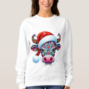 Sweatshirt Taureau de vache de Noël avec/Santa Hat Art folklo