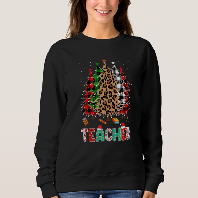 Sweatshirt Teacher Leopard Red White Green Plaid Christmas Tr (Devant)