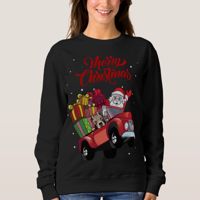 Sweatshirt Terrier Pitbull Américain Avec Père Noël En Rouge  (Devant)