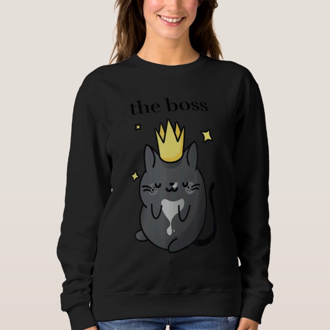 Sweatshirt The Boss   Black Tuxedo Cat with Crown  Cozy Cat   (Devant)