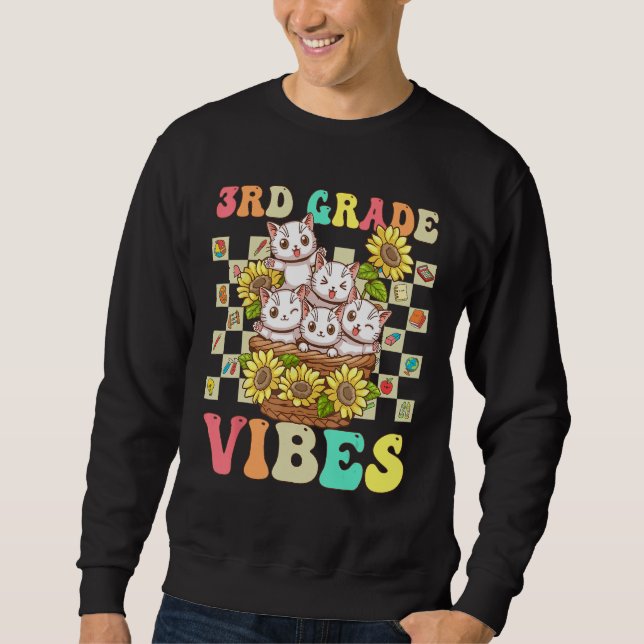 Sweatshirt Third Grade Vibes Cute Cat Back To School Retro 3r (Devant)
