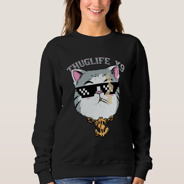 Sweatshirt Thuglife Cat with Sunglasses Neck Chain Gangster C (Devant)