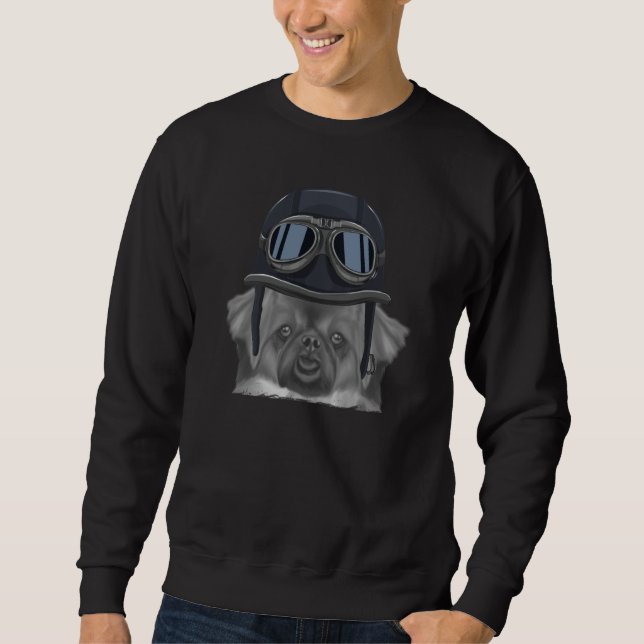 Sweatshirt Tibetan Spaniel Wearing Vintage Motorcycle Helmet (Devant)