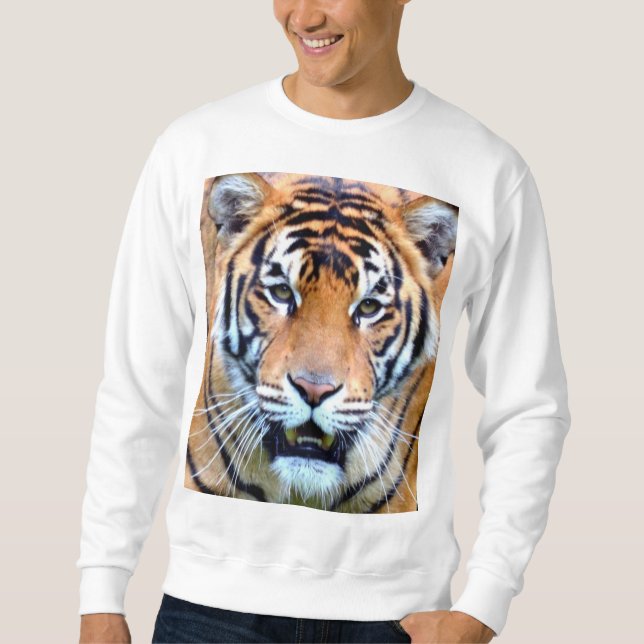 Sweatshirt Tiger Visage Mens Moderne Élégant Modèle Blanc (Devant)