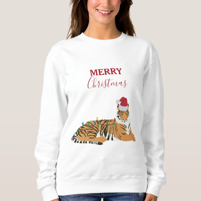 Sweatshirt Tigre de Noël Animaux amusants avec chapeau de Pèr (Devant)