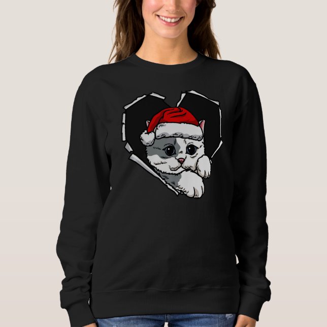 Sweatshirt Tissu déchiré Visage de chat avec Casquette de Noë (Devant)