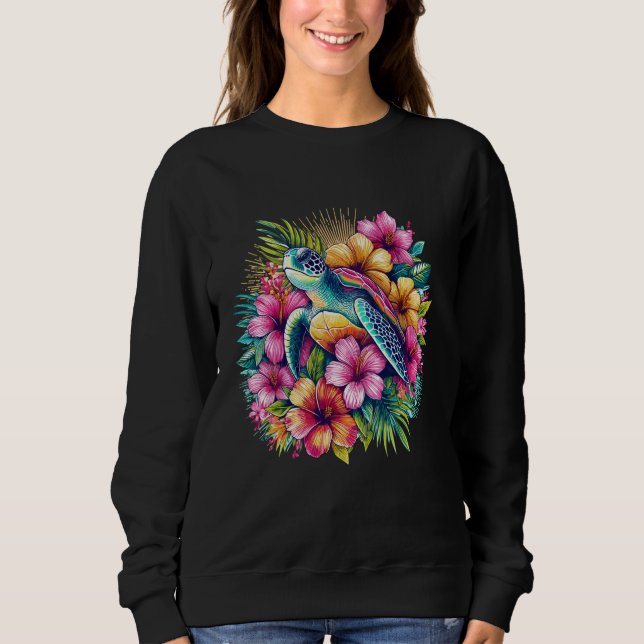 Sweatshirt Tortue de mer Fleurs hawaïennes Hawaï (Devant)