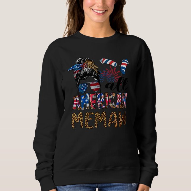 Sweatshirt Tous American Memaw Messy Bun Usa Drapeau Leopard  (Devant)