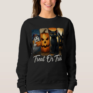 Sweatshirt "Treat or Trick" Halloween Brush Strot Chat Femmes