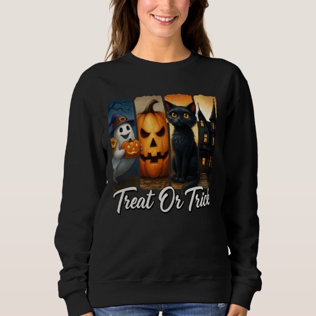 Sweatshirt "Treat or Trick" Halloween Brush Strot Chat Femmes (Devant)