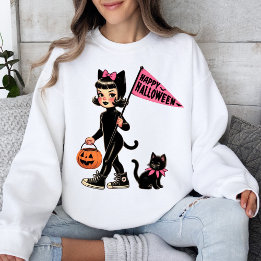Sweatshirt Tricoter ou traiter Kitty Design Halloween Vintage