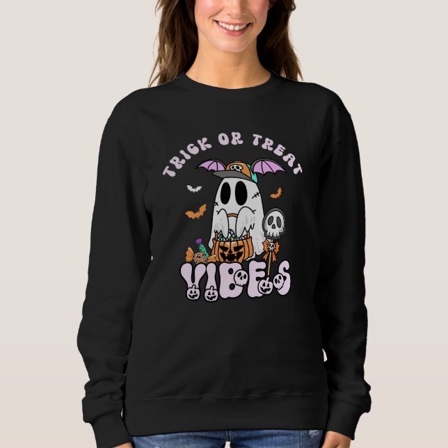Sweatshirt Tricoter ou traiter Vibes Retro Ghost Halloween (Devant)