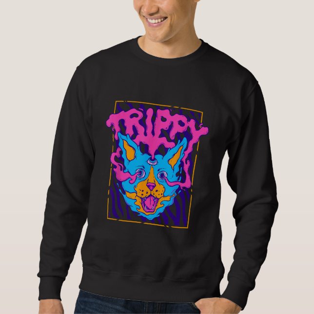 Sweatshirt Trippy Psychedelic Weird Cat Hippie Rave Weirdcore (Devant)