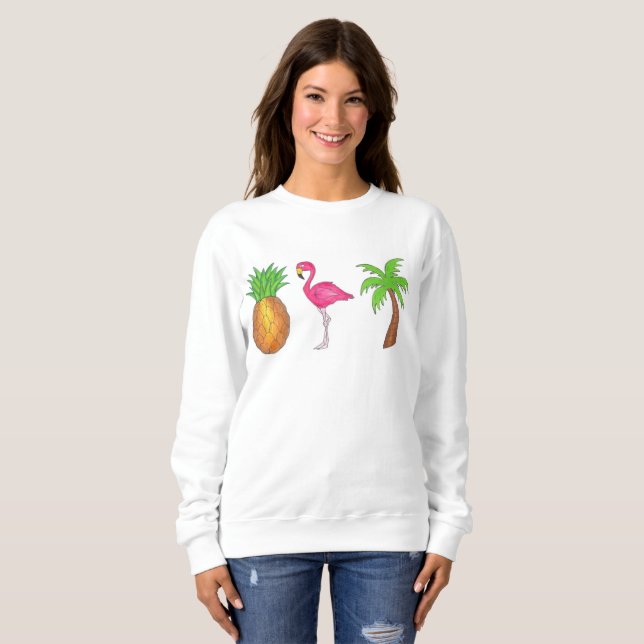 Sweatshirt Tropical Print Palm Tree Ananas Flamant rose rose (Devant entier)