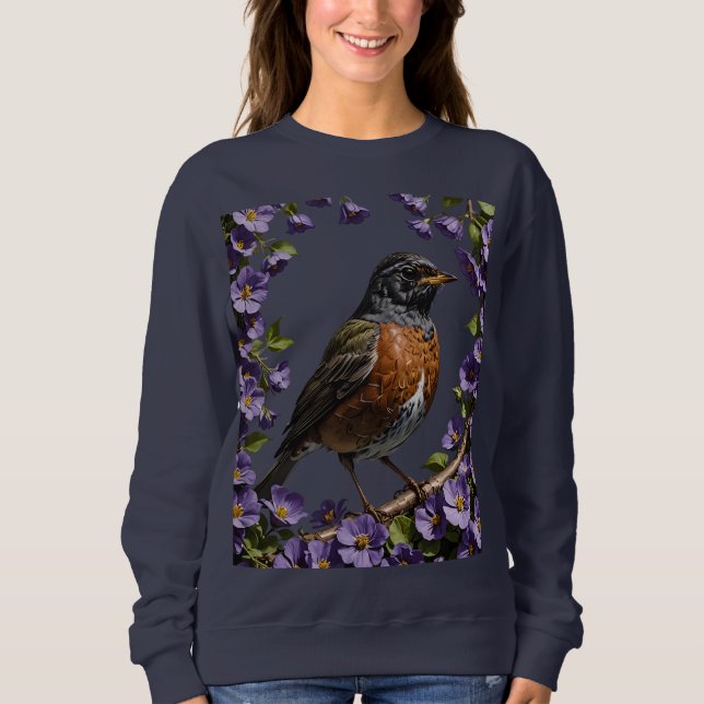 Sweatshirt Turdus migratorius Oiseau Entouré de Violet Viola (Devant)